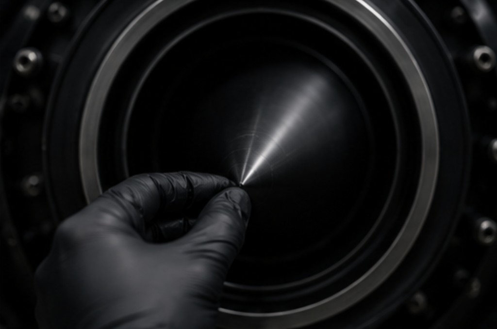 Gloved technician inspecting the sharp tip of a machined metal cone during assembly