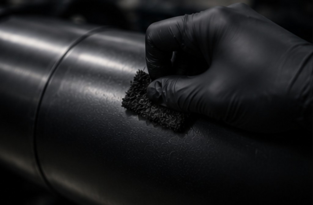 Gloved technician finishing a cylindrical airframe section with an abrasive pad in the factory